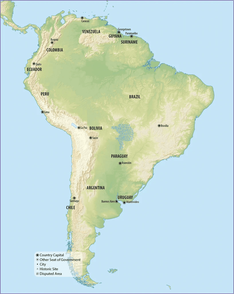 South America map labeled with countries and capital cities