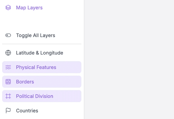 Map Layers panel with Physical Features, Borders, and Political Division selected