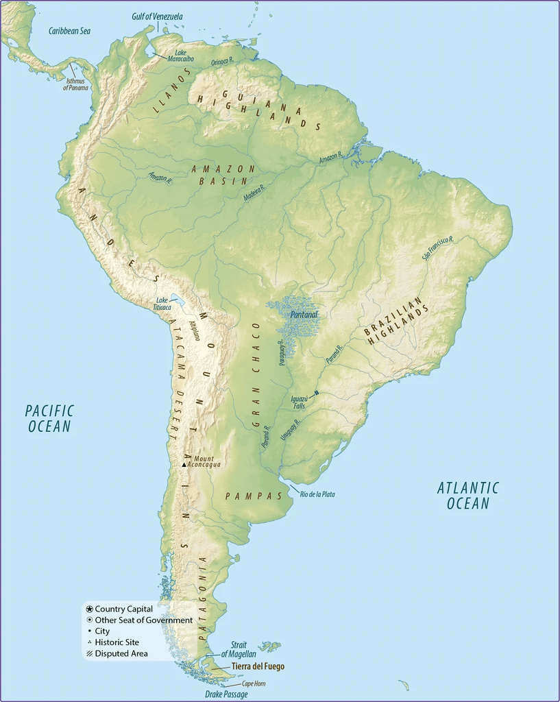 South America map labeled with physical features and regions