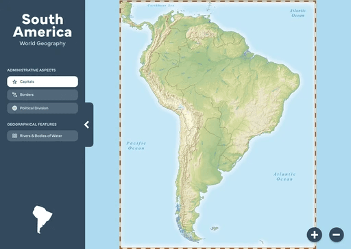 South America World Geography interface with administrative layer buttons