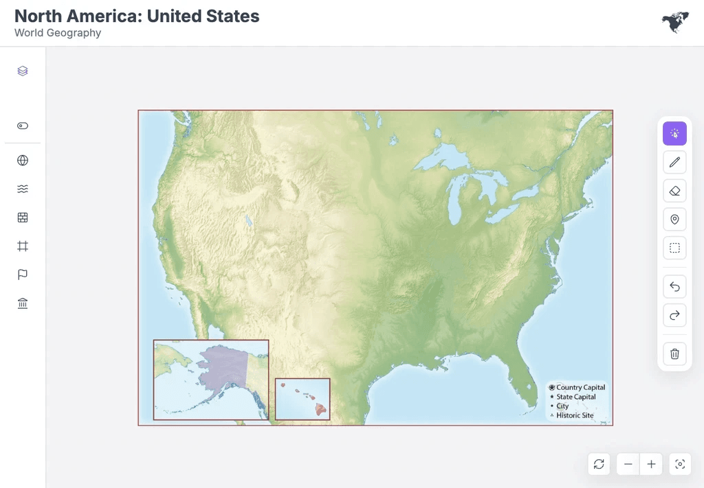 United States map with annotation tools moved to a side toolbar