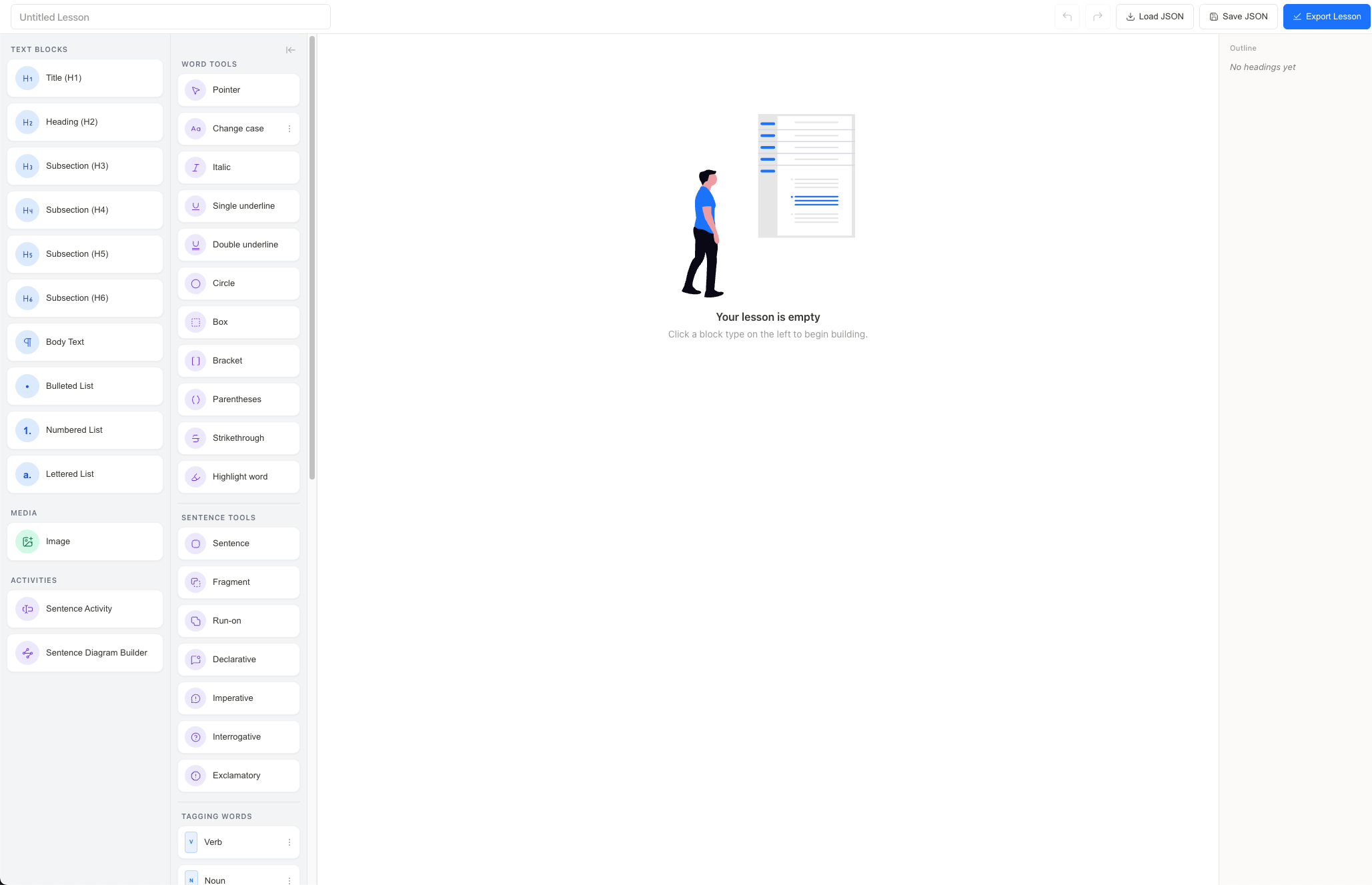 Modern white MVP authoring tool with empty lesson state