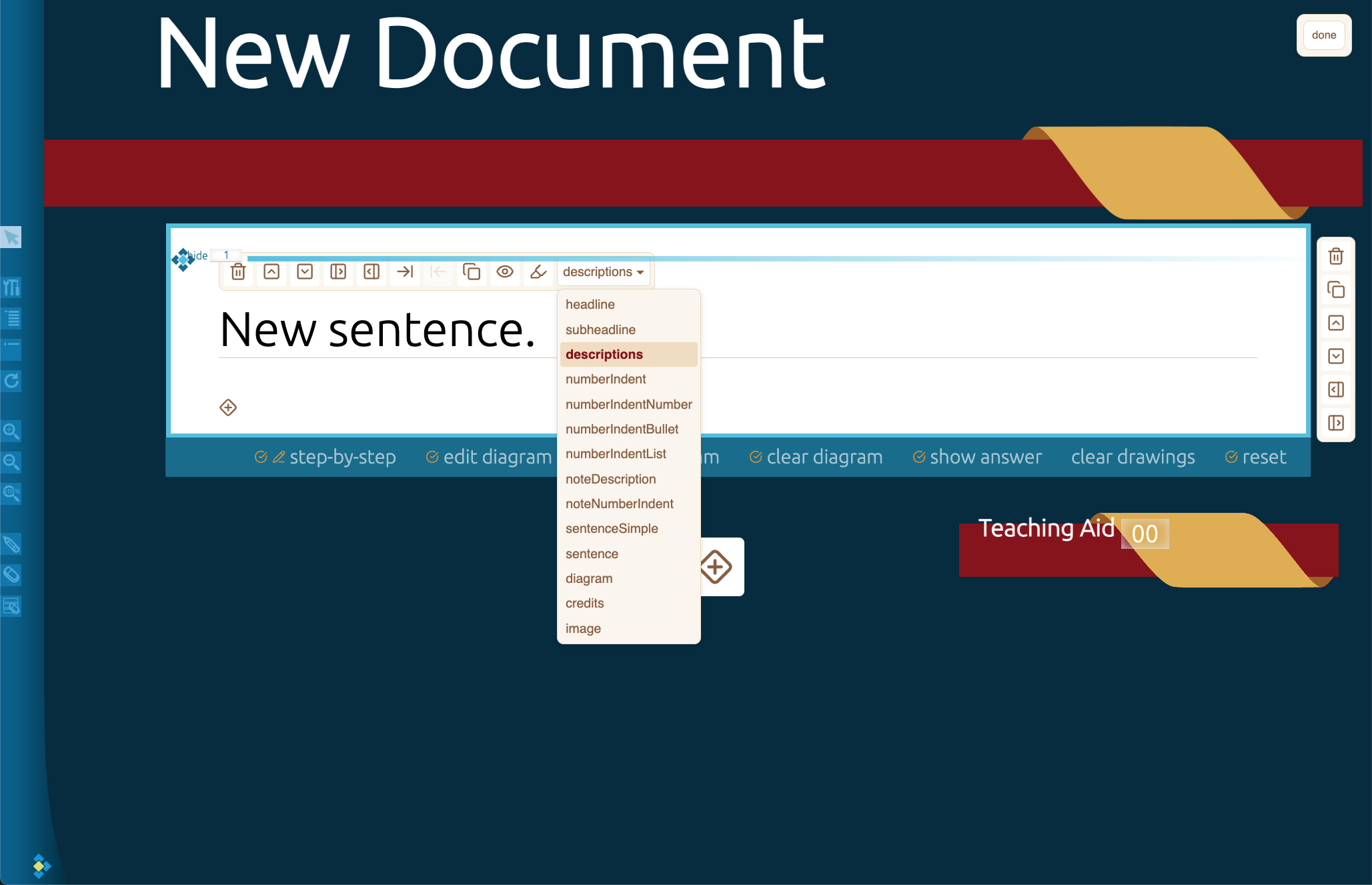 Production authoring tool with content modules on navy background